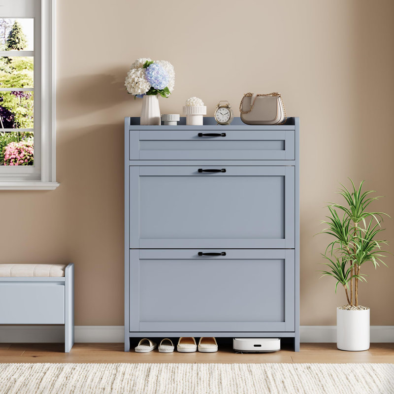 Shoe Cabinet with 2 Flip Drawers & Top Drawer, High-Gloss Hidden Entryway Shoe Storage Organizer, Blue, 3
