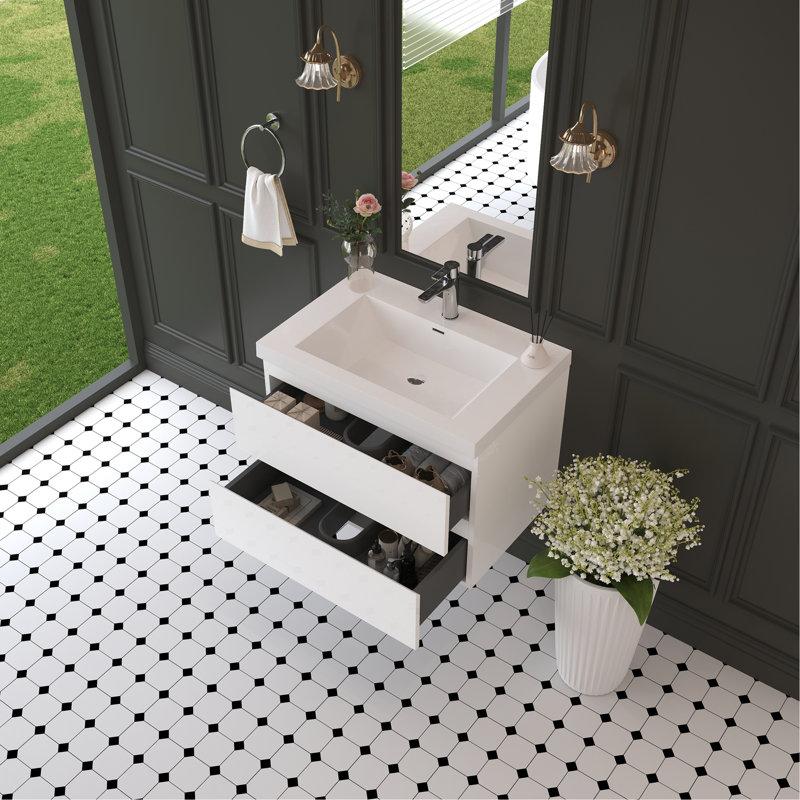 Meuble-lavabo flottant avec lavabo, meuble-lavabo mural moderne avec lavabo à surface solide et tiroirs à fermeture en douceur entièrement assemblé