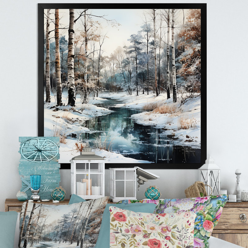 Rivière en forêt, paysage d'hiver - impressions sur toile de forêt, H 24 po x l 24 po x P 1 po, Cadre simple noir