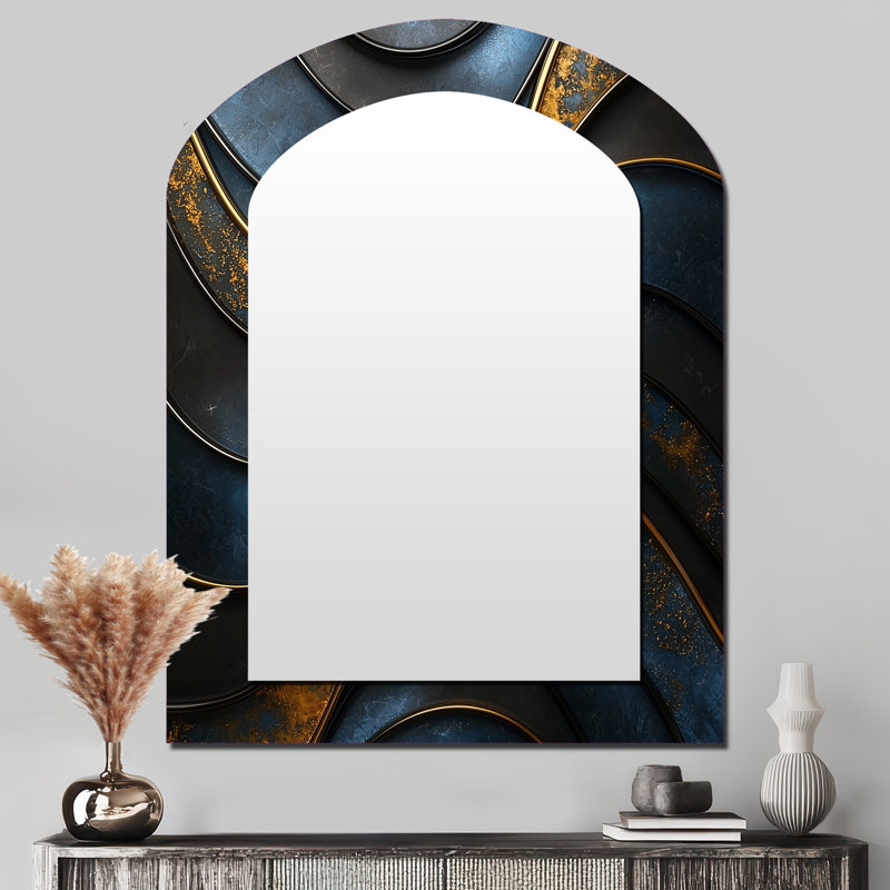 Fractal Aqua Drift Of Marble II - Transitional Asymmetrical Mirror, Gold Unique Shape Unique Wall Mirror, Printed Metal Art