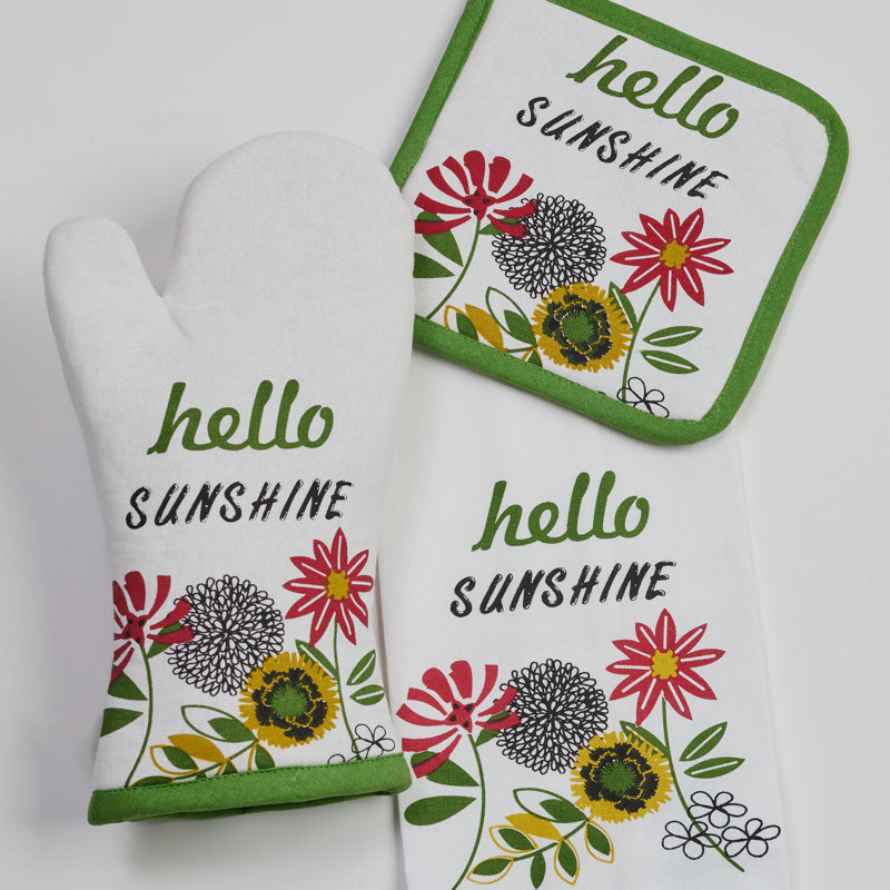 Ensemble de serviettes de cuisine, porte-casseroles et gant de cuisine Hello Sunshine