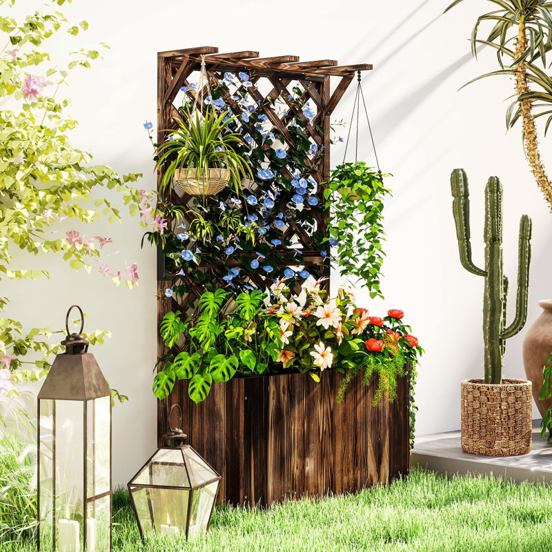 Wooden Planter with Trellis, Freestanding Raised Bed, Carbonised