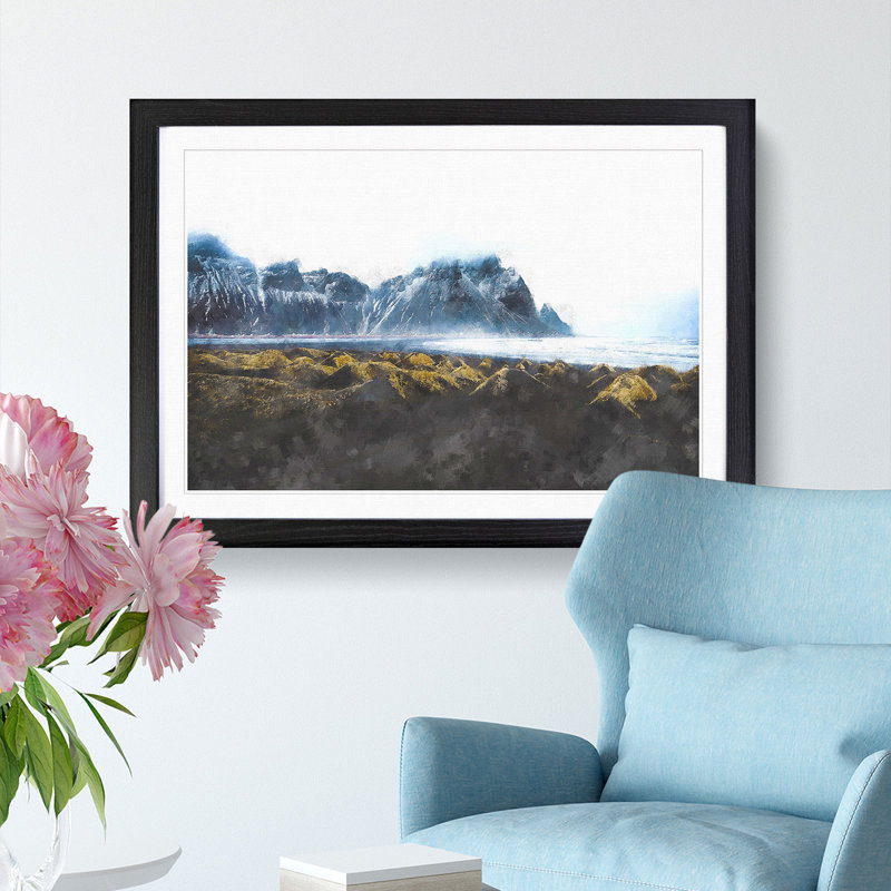 Mountains in Stokksnes Iceland - Picture Frame Graphic Art Print, 24cm H x 33cm W x 2cm D, Black Framed