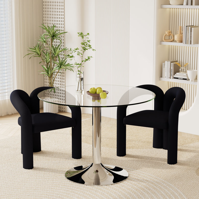 3 Piece Glass Dining Set with Barrel Accent Chairs, Black