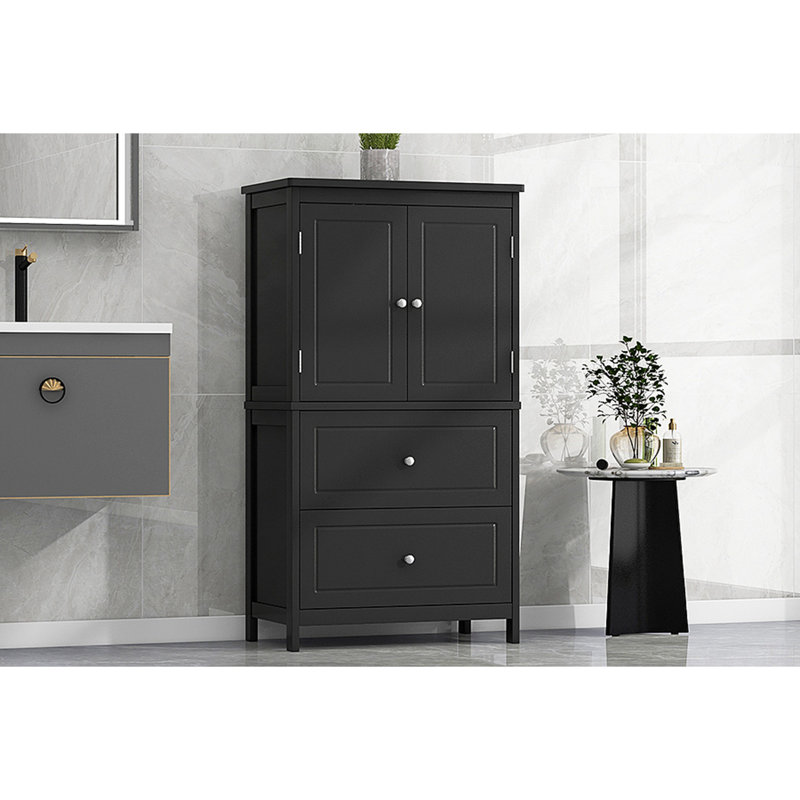 Armoire de rangement pour salle de bain, armoire avec deux portes et tiroirs, tablette réglable, panneau de fibres à densité moyenne