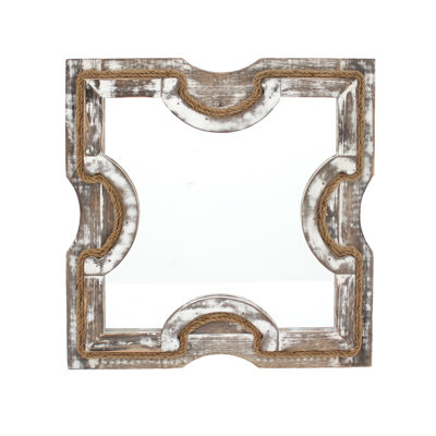 Cotten Square Wooden Wall Mirror with Rope Borders, Gray