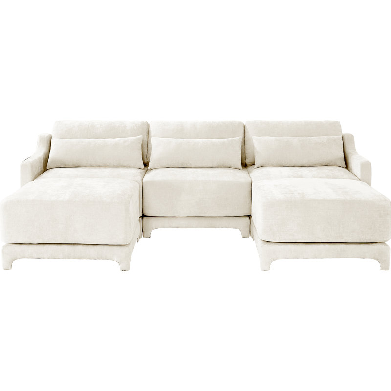 Trois places avec 2 repose-pieds mobiles, coussin lombaire, tissu en chenille beige, éponge haute densité, structure en bois, repose-pieds ergonomique et rembourrage, rembourrage de résilience, moderne