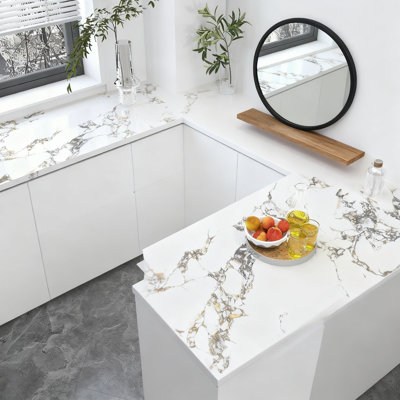 Papier de comptoir à peler et coller en granit blanc doré - Enveloppe de vinyle autocollante et imperméable pour armoires de cuisine, murs et meubles - Installation sans bulles de 48 po x 197 po