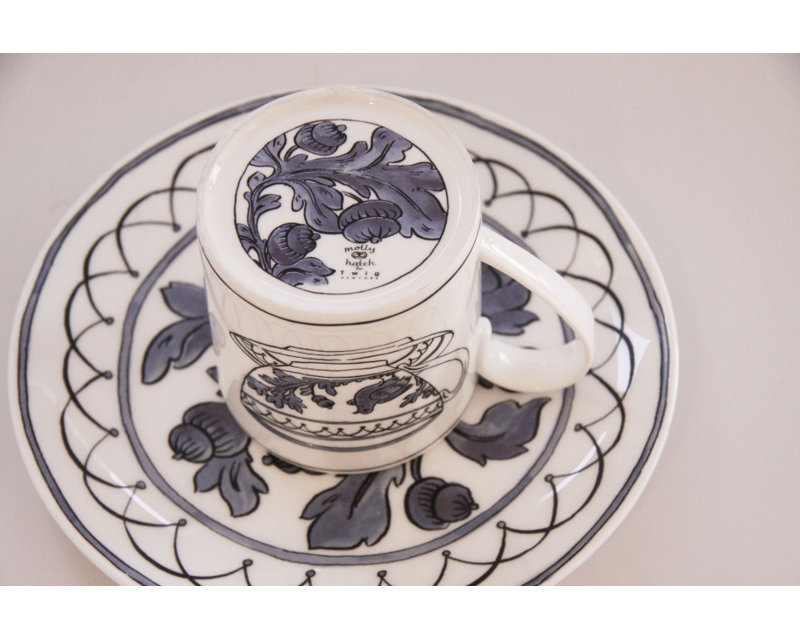 Blue Porcelain Round Dessert Plate with Floral Print
