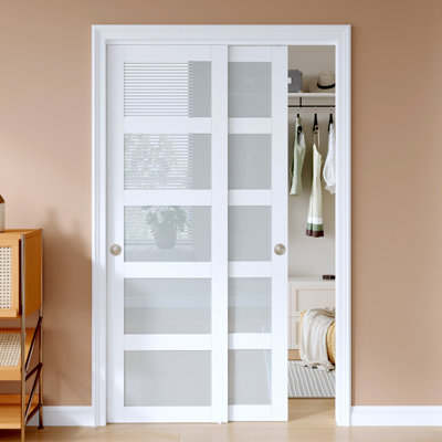 Portes de placard coulissantes en verre givré blanc 80 Lite 5 "80" avec trousse de quincaillerie d'installation