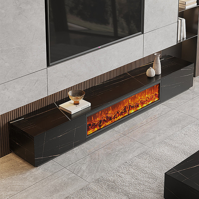 Meuble télé avec foyer à flamme simulée, Noir, noir, noir, noir, 70.87"