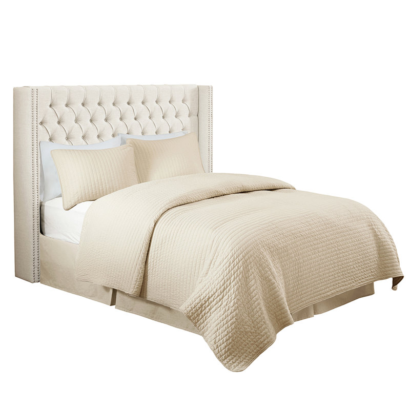 Upholstered Headboard In Cream, Transitional Style With Button Tufting And Double Nailhead Trim, Adjustable Legs, Queen Sized Bed Metal Legs For Bedroom