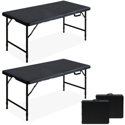 Table pliante d'extérieur noire de 4 pi pour pique-nique, jeu et salle à manger, paquet de 2, boîte de 46,9 po de longueur, 23,2 po de largeur, hauteur réglable, verrouillage par gravité, poignée de transport, pieds en mousse, fête peu encombrante, présentoir,