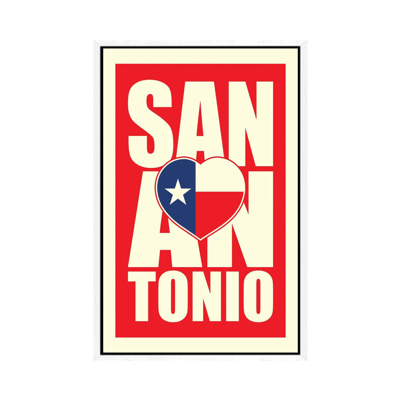 San Antonio Typography Heart by Benton Park Prints - Print on Canvas, 152.5 cm H x 101.5 cm W, White Framed