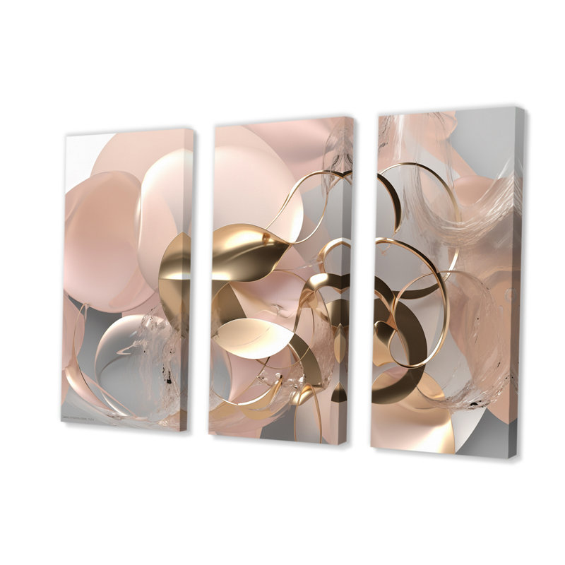 Art liquide, effervescence dorée et rose sur toile, 3 pièces, H 28 po x l 36 po x P 1 po