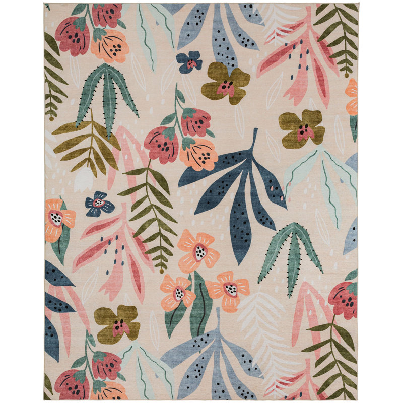 Ivory Floral Non-Slip Outdoor Synthetic Rug 6' x 9'