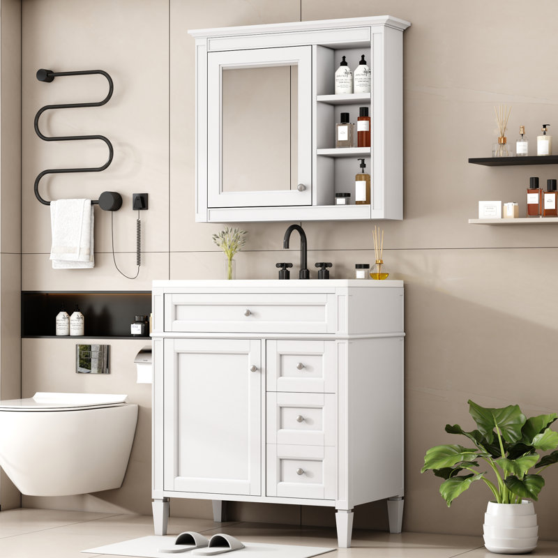  Meuble-lavabo moderne de 30 po avec lavabo et miroir, armoire de rangement moderne avec 2 tiroirs et tiroir basculant, blanc