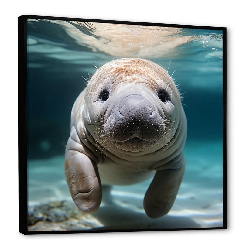 Curious Manatee Gaze III - Art mural lamantin, H 30 po x l 30 po x P 1,5 po, Cadre flottant noir