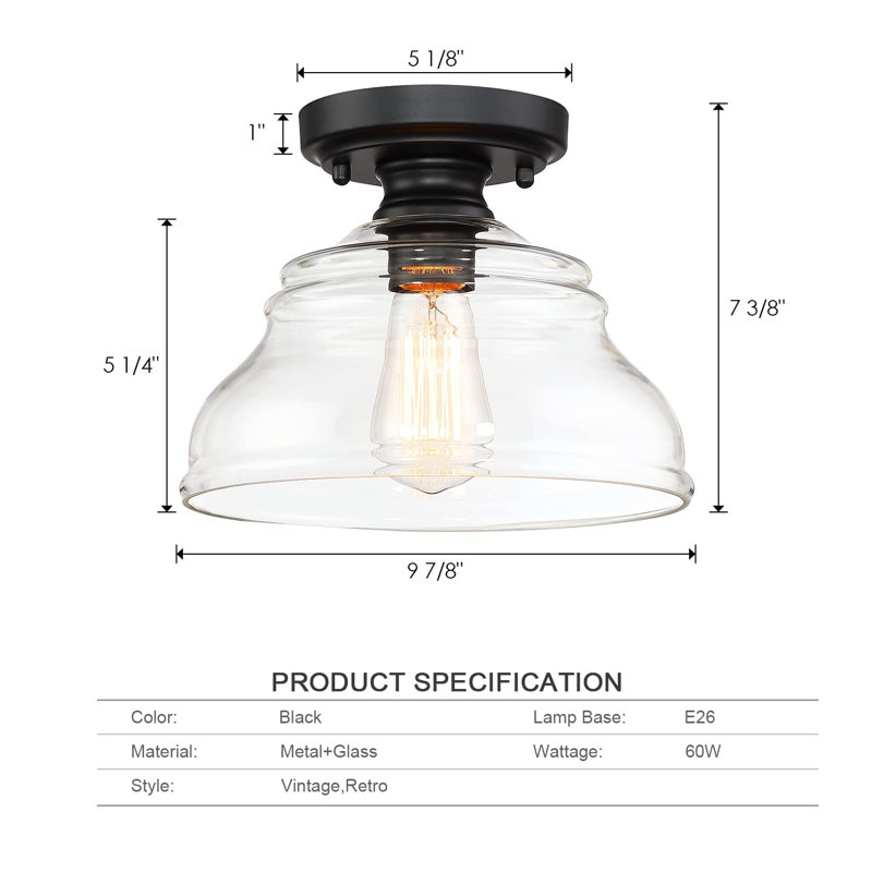 Plafonnier industriel semi-encastré, luminaire moderne en verre transparent fermier 10 po à finition noire