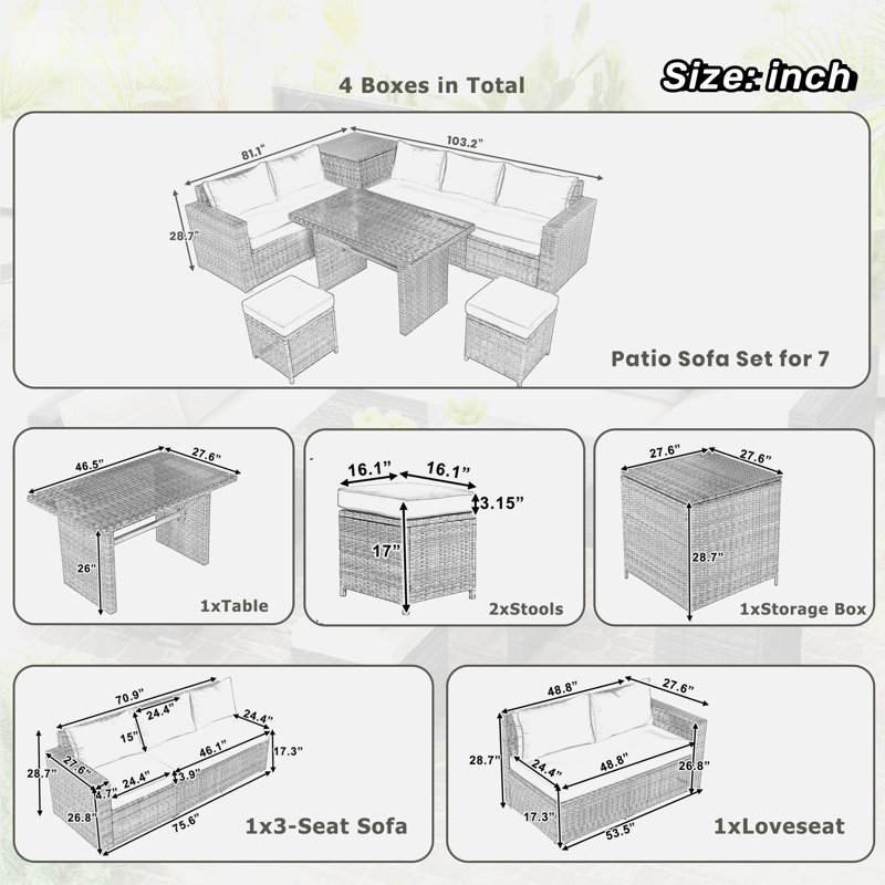 6-piece All Weather Pe Rattan Sofa Set With Adjustable Seat, Storage Box, Removable Covers And Tempered Glass Top Table