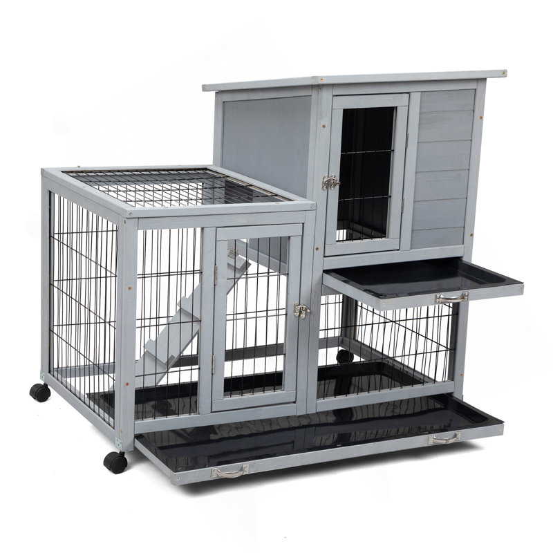 Cage à lapin amovible avec plateau amovible et roulettes, Gris