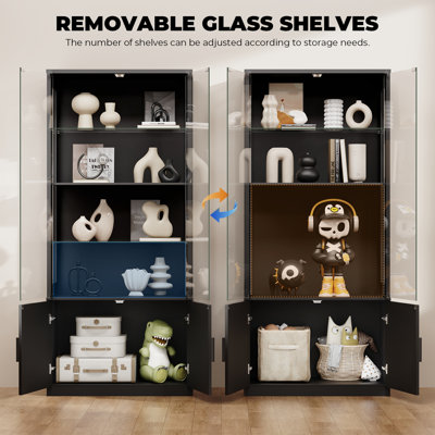 Vitrine 67 po avec portes en verre, vitrine à 4 niveaux avec 2 tablettes en verre amovibles, vitrine pour objets de collection, noir