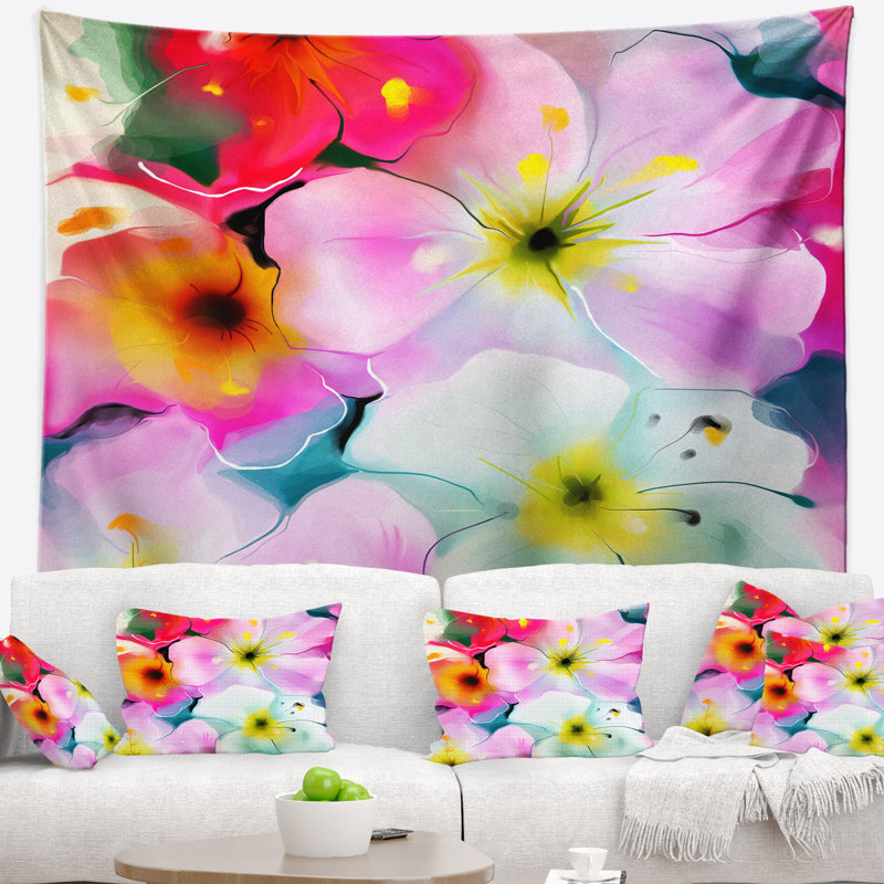 Tapisserie motif floral aquarelle colorée, H 50 po x l 60 po