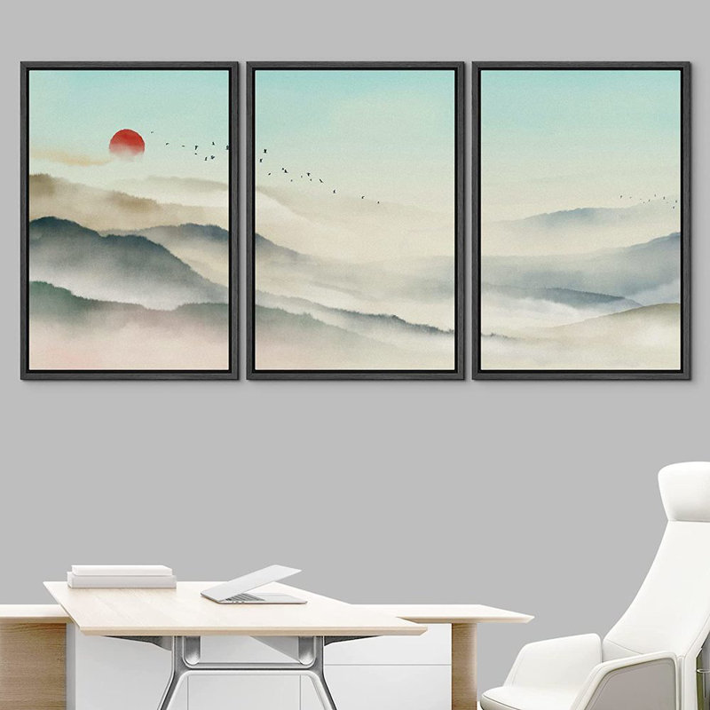 «Abstract Landscape Mountain Range Misty Valley», peinture sur toile flottante 3 pièces, H 36 po x l 72 po, Cadre noir