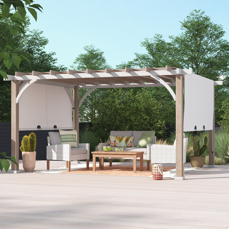 Sunjoy Crompton Outdoor Pergola 12 x 14 ft. with Adjustable Sun Shade Canopy for Backyard and Garden Shade, Patio Modern White Steel Frame Grape Trellis Pergolas