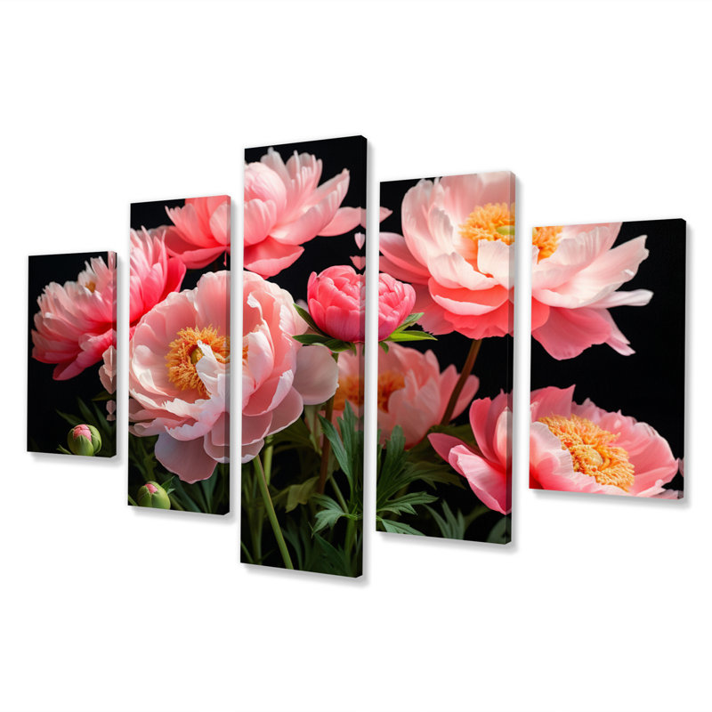 Bouquet de pivoines roses et noires - Art mural sur toile floral - 5 panneaux