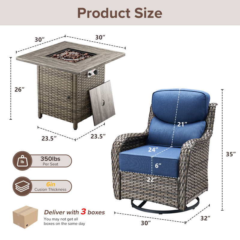 4 - Person Patio Furniture Chair Set With Fire Pit Table, 4 Swivel Glider Chairs With 6-Inch Cushions, Gray, Blue