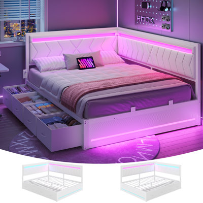 Structure de lit pour grand lit de coin avec 4 tiroirs de rangement, lumières DEL et station de charge, grand lit de jeu avec garde-corps rembourrés et lattes en métal, grand lit pour adolescent / adulte, blanc