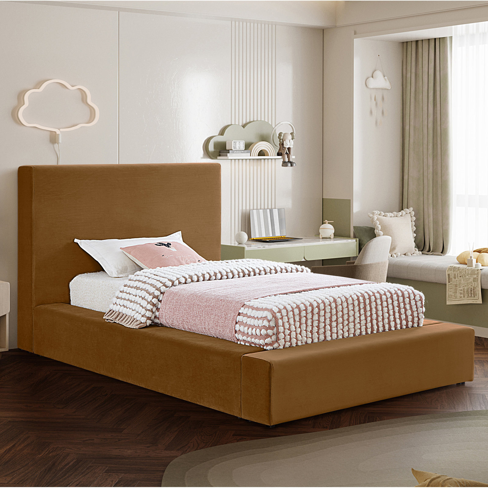Ishia Velvet Upholstered Bed, Twin, Saddle Velvet