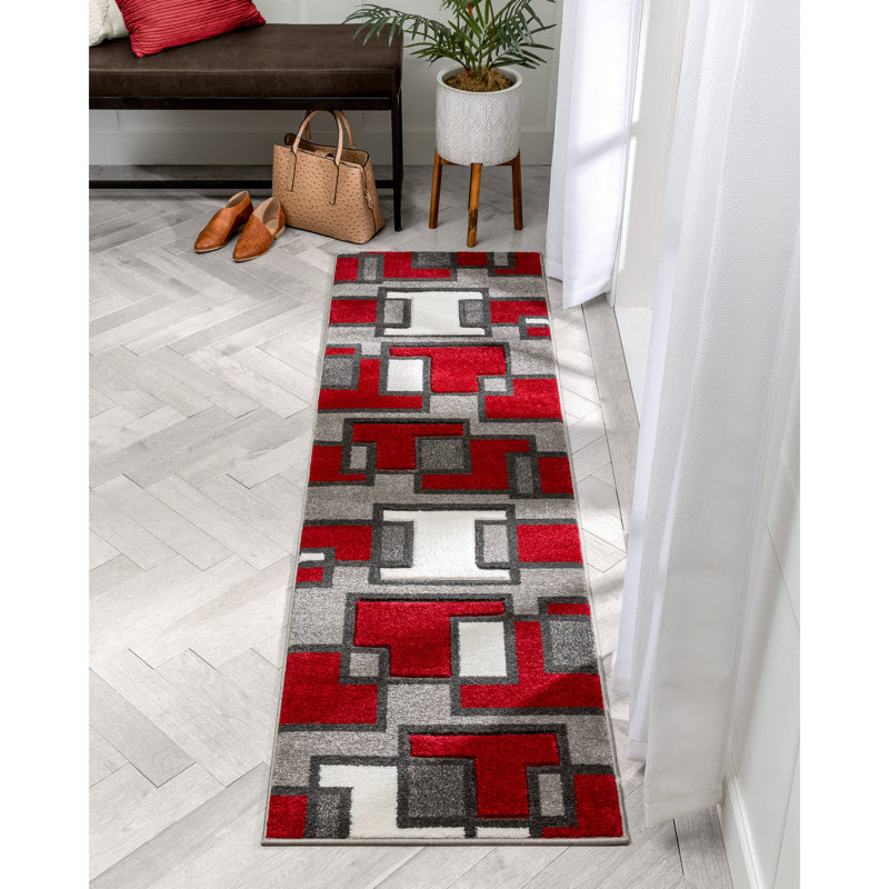 Tapis rouge à motif géométrique Brigman, Tapis de couloir de 2 pi x 7 pi