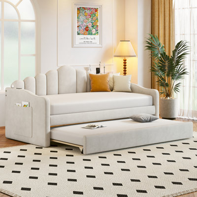 Twin Size Velvet Upholstered Daybed With Trundle And USB Charging Ports by Mercer41