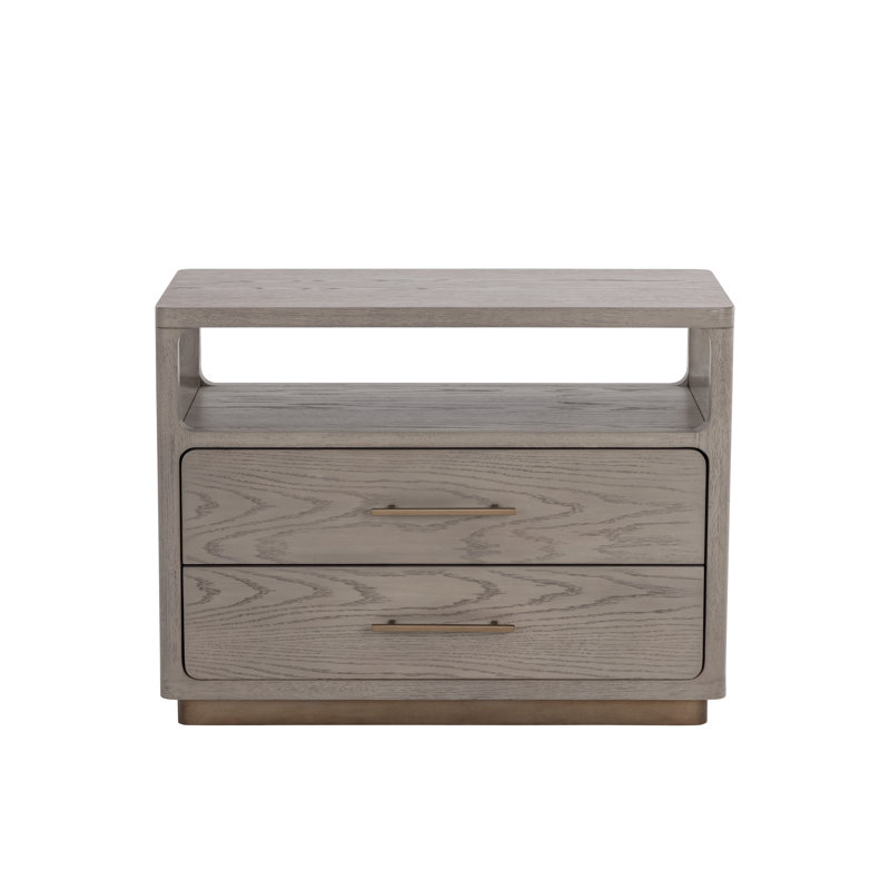 Gray Oak Veneer Nightstand with Brass Hardware
