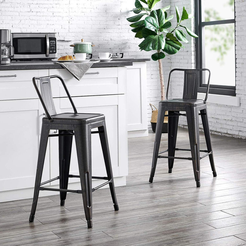 24"Metal Barstool,Country Rustic Style With Back, Kitchen Counter Bar Stool, Lightweight & Sturdy Build, Set Of 4 -Matte Black