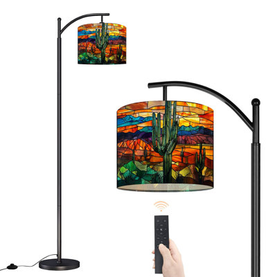 Arc Floor Lamp with Adjustable Lampshade Emerald Cactus Vibrant Sky Western Scene Standing Lamp 3 Color Temperatures Dimmable Tall Pole Lamp with Foot Switch for Bedroom