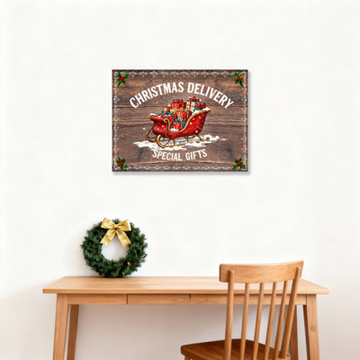 Livraison de Noël en traîneau avec cadeaux, ensemble de 1 reproduction d'art sur toile tendue à motif de bois rustique