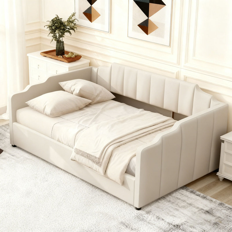 Upholstered Daybed with Underneath Storage, Beige