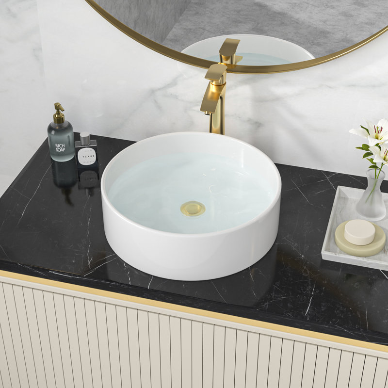 16" L X 16" W Round Vessel Sink Above Counter Basin Ceramic Bathroom Sink, White