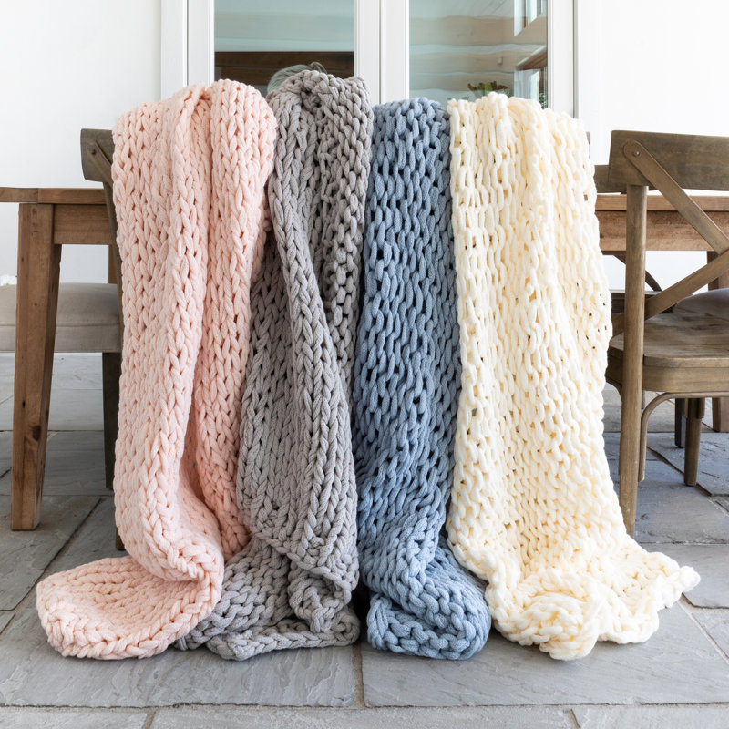 Handmade Chunky Knit Throw Blanket, Blue