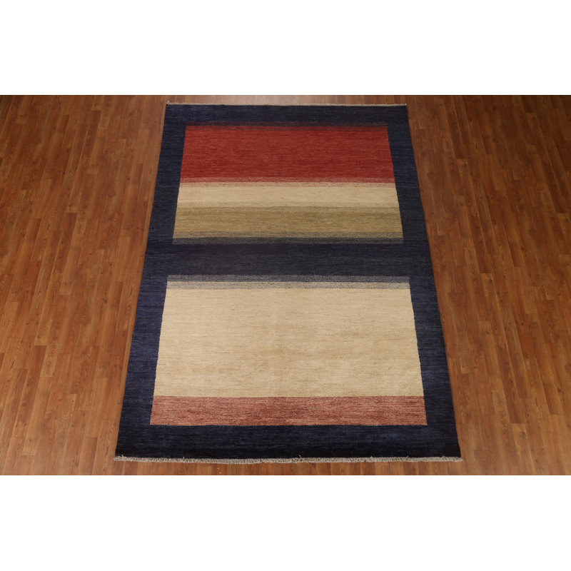 Tapis bleu marine / rouge / crème en laine noué à la main de conception unique 6 pi 7 po x 8 pi 6 po New Age
