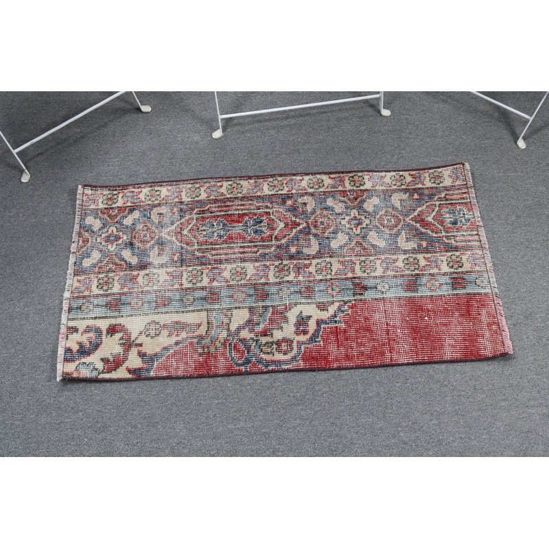 Antique Handmade Turkish Rug with Decorative Bohemian Design in Vibrant Red and Blue Hues