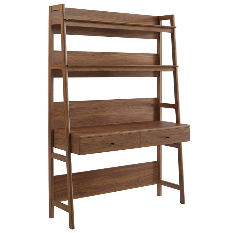 Bixby Walnut Wood Office Desk with Bookshelf and Drawers