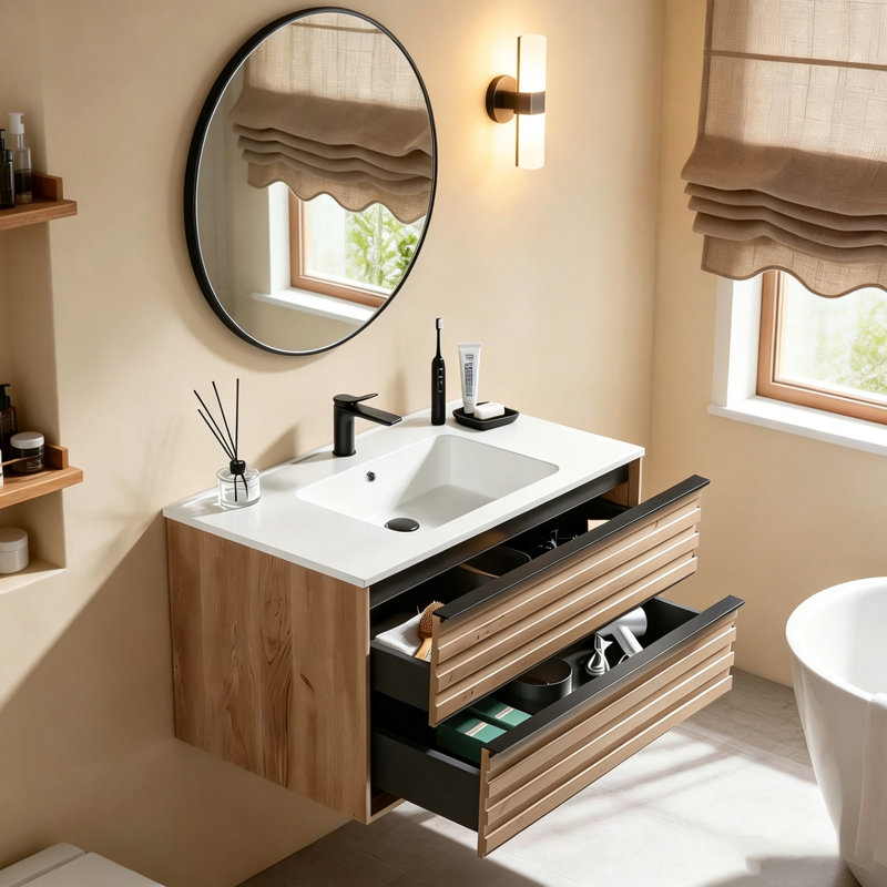 Meuble-lavabo suspendu Mokuro de 36 po avec lavabo en céramique intégré