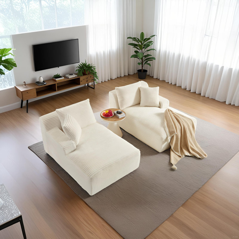 Méridienne double en velours côtelé compressible 80 po - Canapé moelleux moderne - Aucun assemblage requis, Beige