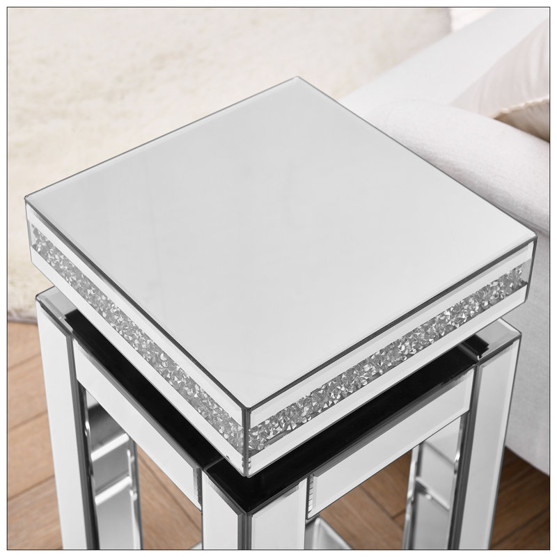 Mirrored End Table Square With Crystals Inlay, 2-Tier Modern Small Sofa Table With Storage, Silver Accent Table For Living Room, Bedroom, Coffee, And Small Spaces 11.8"D X 11.8"W X 26"H