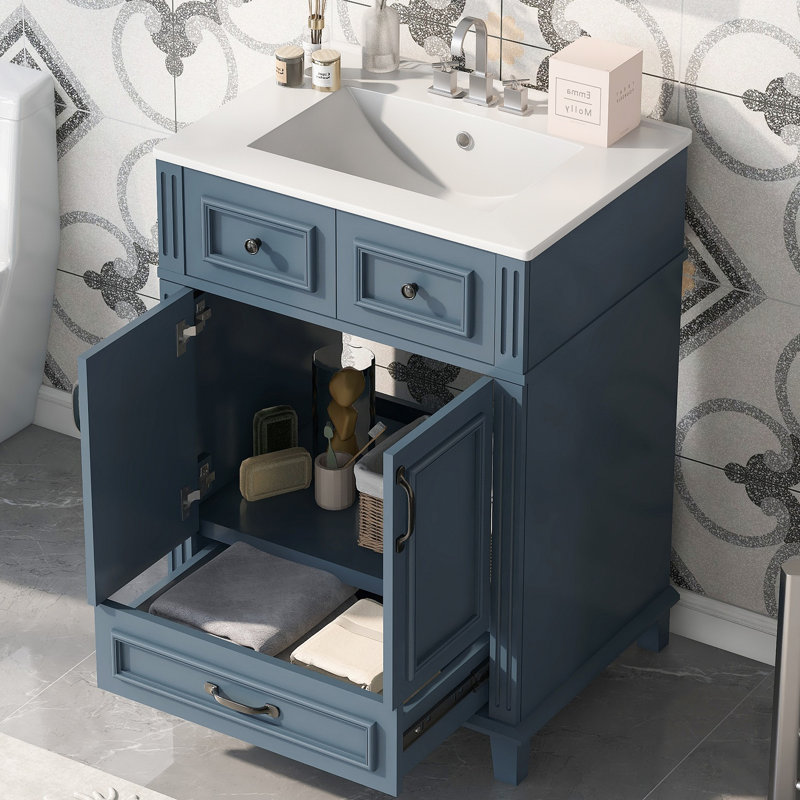 Meuble-lavabo de salle de bain avec lavabo en céramique, armoire de rangement en bois massif avec portes à fermeture douce, style rétro