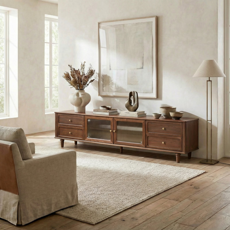 86"W Solid Walnut Modern Traditional TV Stand, 86.61"L 